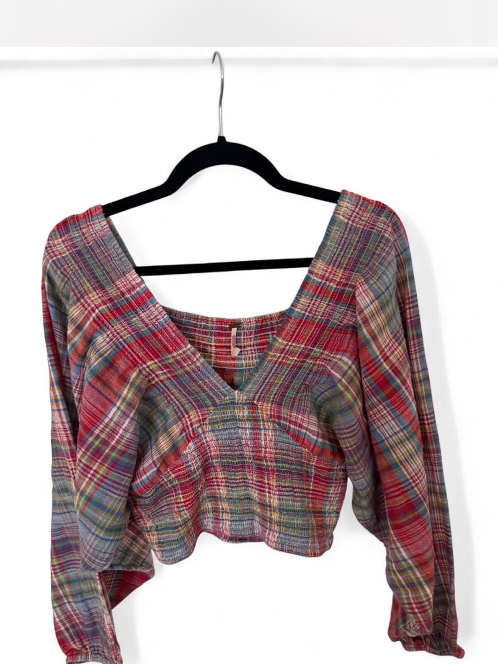 Free People Plaid Smocked Crop Top Long Sleeve Size M - Picture 1 of 3